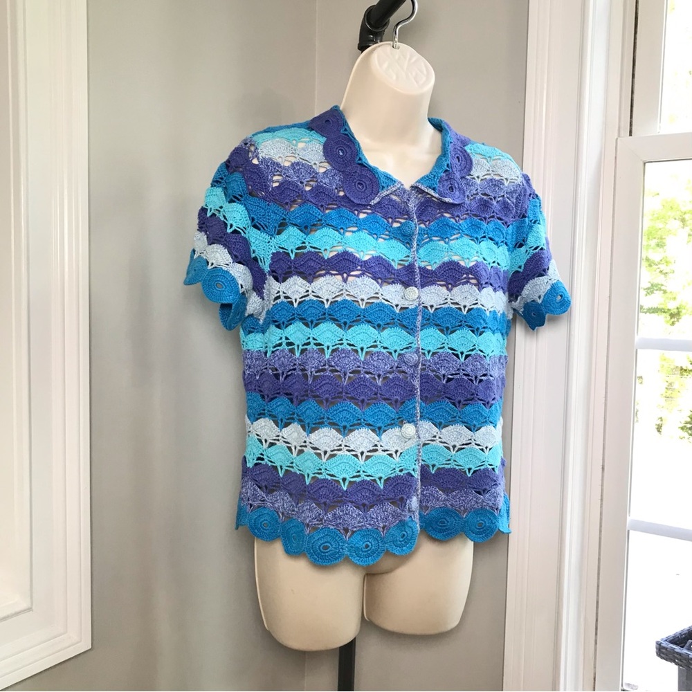 Vintage Michael Simon Blue Crochet Sweater Cardigan ~ Women’s Small LIKE NEW - Picture 3 of 7